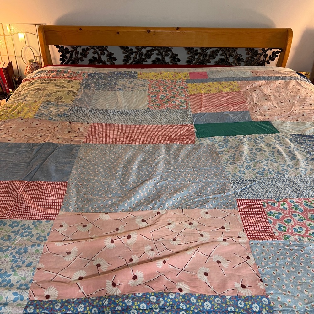 Vintage Handmade Patchwork Quilt Floral Gingham Cottagecore Farmhouse 76" x 69"